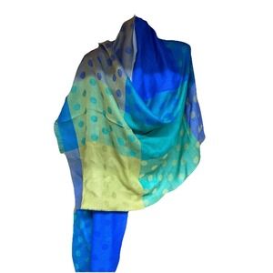 Artesania‎ Peru Baby Alpaca Silk Shawl Wrap Blue Green Polka Dot Fringe Scarf